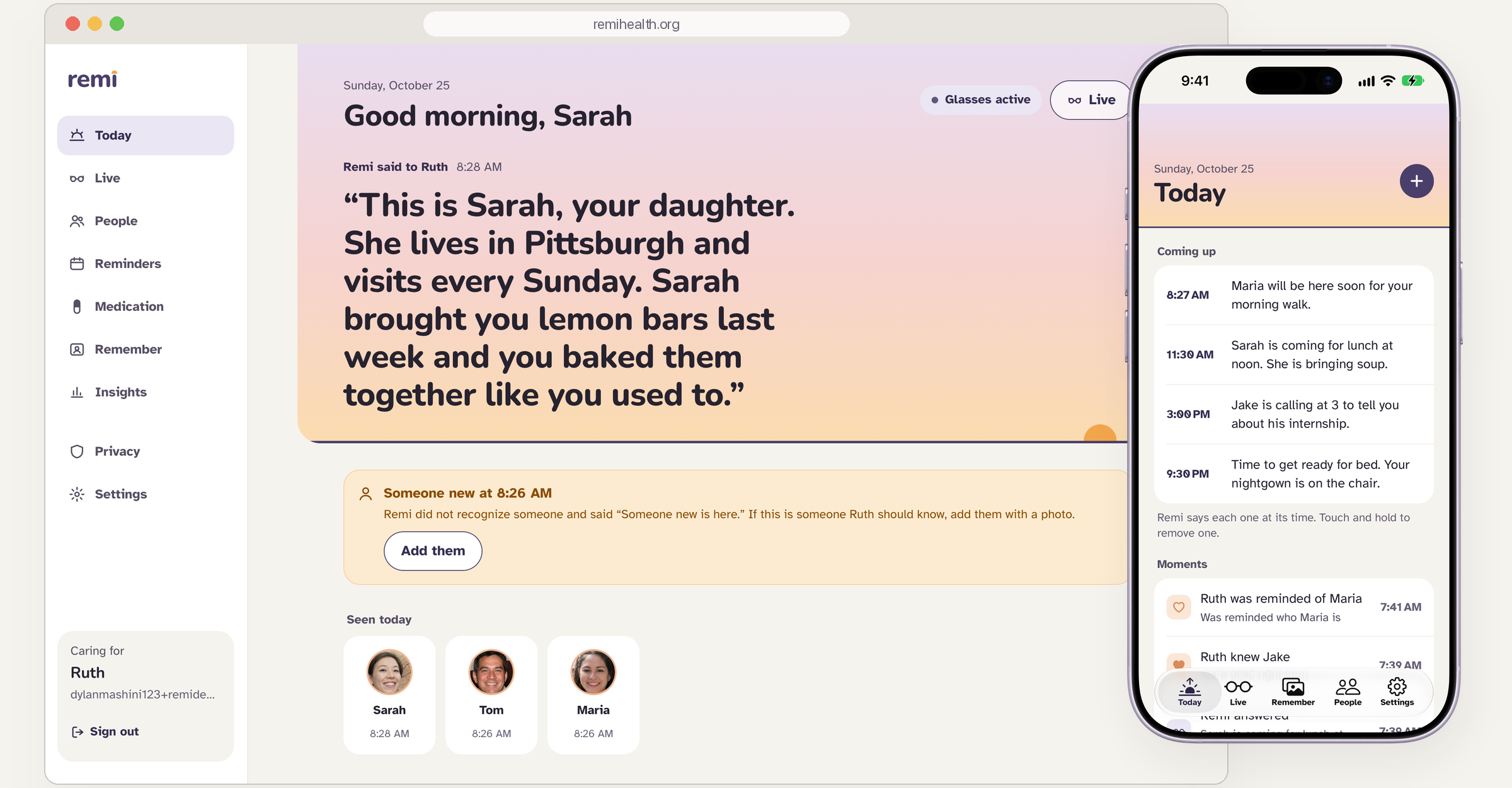 The caregiver dashboard on the web and the phone