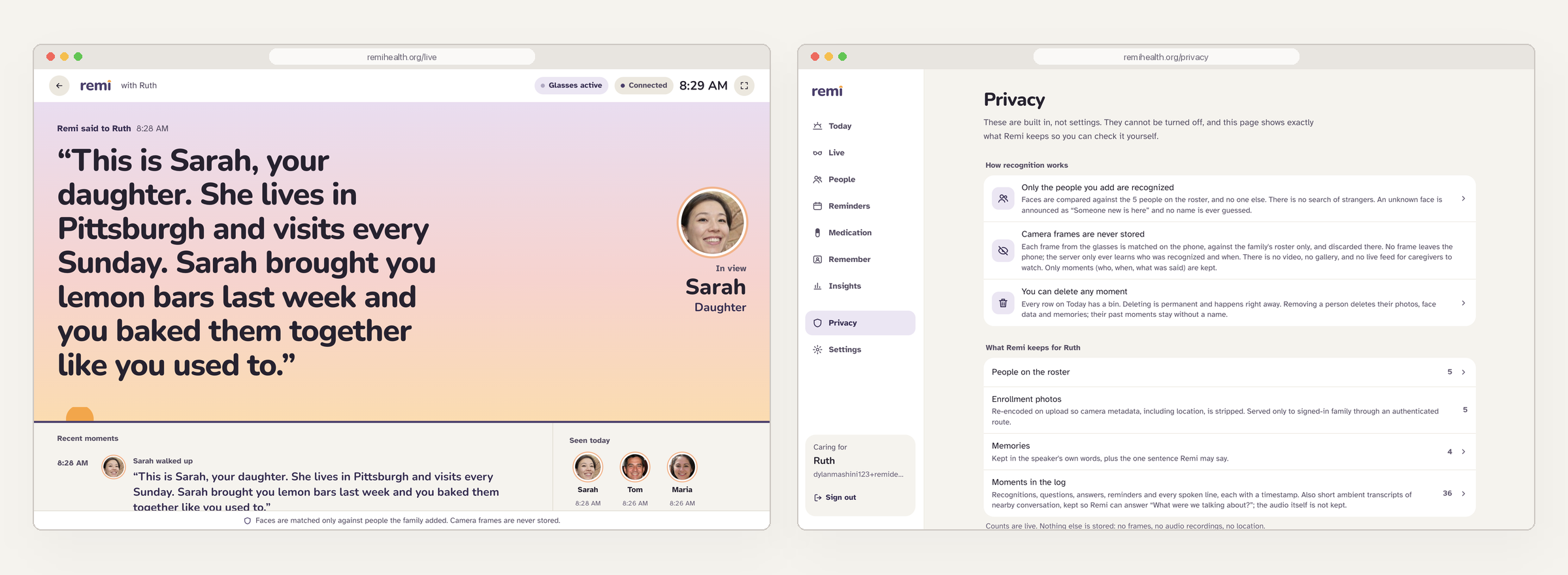 The Live view and the Privacy page