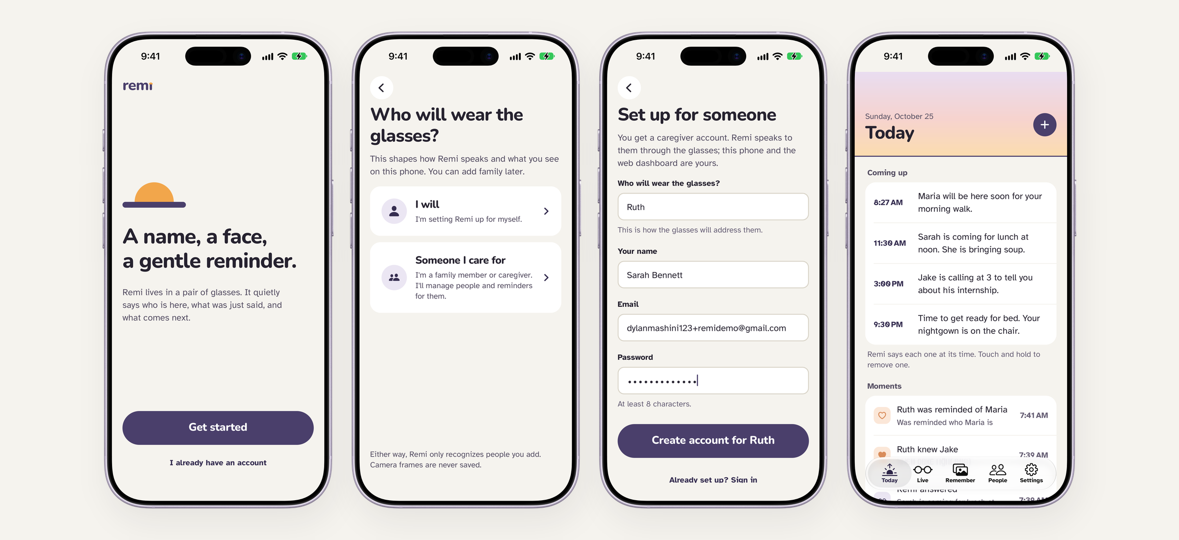 Remi's mobile app, from first launch to the Today screen